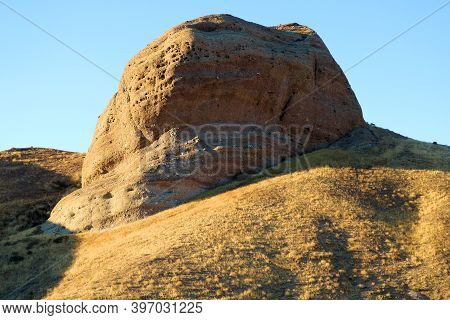 Rock Formation Above The San Andreas Fault Surrounded By Arid Grasslands On Golden Hills Taken At Ru