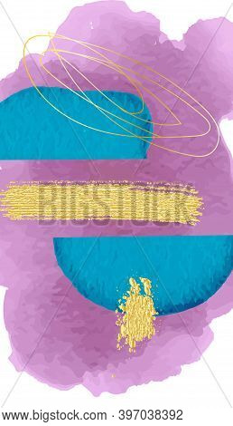 Abstract Watercolor Minimalistic Art Background With Gold Potal And Lines. Sky Blue And Purple. For 