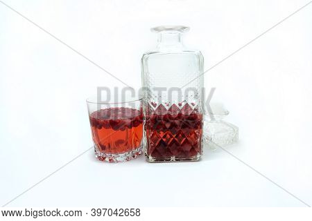 Homemade Tincture Of Red Cherry. Berry Alcoholic Drinks Concept. Homemade Red Wine Made From Ripe Ch