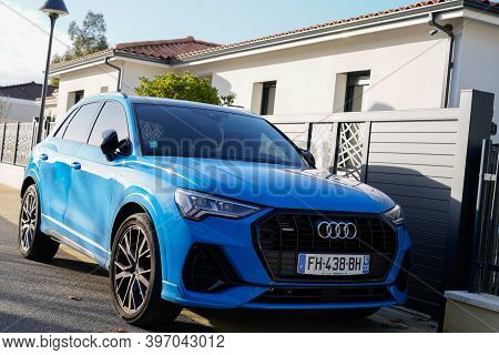 Bordeaux , Aquitaine  France - 11 21 2020 : Audi A5 Quatro Blue New Car Parked In French Street