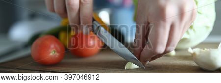 Female Hands Cut Fresh Vegetables Table In Kitchen. Learn Art Cooking. Flavoring Combinations Produc
