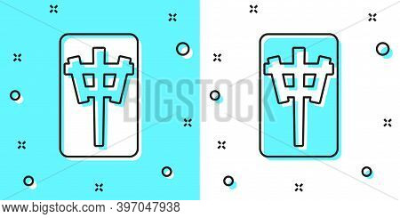 Black Line Mahjong Pieces Icon Isolated On Green And White Background. Chinese Mahjong Red Dragon Ga