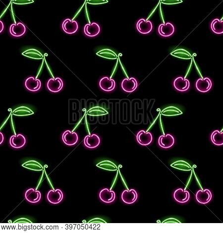 Seamless Pattern With Neon Cherry Berries On Dark Background. Summer, Girly, Sweetness Concept For W