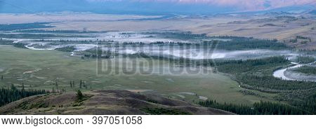 Morning Fog On The River, Chuy Valley In The Summer. Mountain Altai, Panorama.