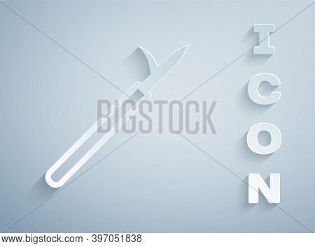 Paper Cut Metal Pike Pole With Wooden Handle Icon Isolated On Grey Background. Spear, Pickaxe, Hook 