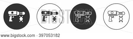 Black Transfer Liquid Gun In Biological Laborator Icon Isolated On White Background. Circle Button. 