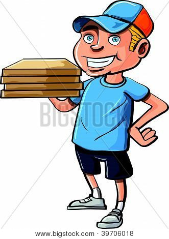 Cartone animato pizza delivery boy. Isolated on white