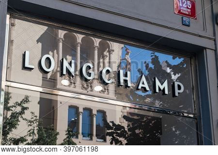 Prague, Czech Republic - July 10, 2020: Logo And Sign Of Longchamp, French Luxury Leather Goods Comp
