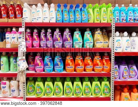Bucharest, Romania - November 11, 2014. Fabric Softener Shelf In A Supermarket