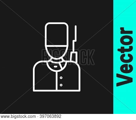 White Line British Guardsman With Bearskin Hat Marching Icon Isolated On Black Background. Vector