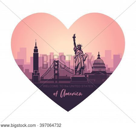 Heart-shaped Liiustration With Abstract Landscape Of The City With Sights Of The Usa