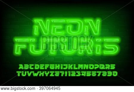 Neon Futuris Alphabet Font. Green Neon Futuristic Letters And Numbers. Brick Wall Background. Stock 