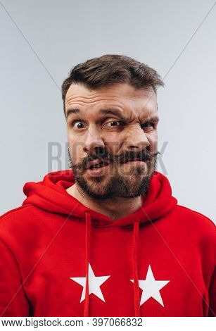 Calm And Crazy. Young Man With Dual Emotions Combination On Face Isolated On White Background, Emoti