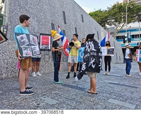 Brisbane, Australia - November 29, 2020: Group Of Protestors Peacefully Rally At King George Square,