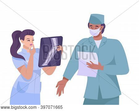 Fracture Flat Composition With Characters Of Doctors Looking At Radiogram Of Leg Bones Vector Illust
