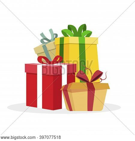 Giftbox Pile In Flat Style On Background. Holiday Greeting Card. Xmas Background. Xmas Holiday Gift 