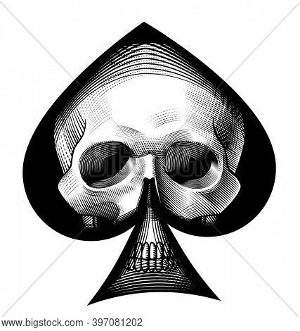 Human skull full face in ace of spades frame. Vintage engraving stylized drawing