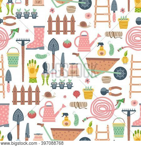 Garden Tool And Materials Seamless Pattern. Vector Illustration Of Gardening Elements. Happy Spring 