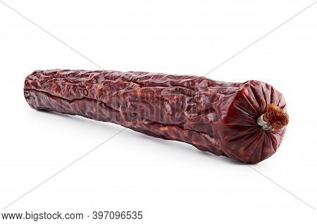 Salami Smoked Sausage Piece Isolated On White Background. Salami, Salami Smoked Sausage. Smoked Meat