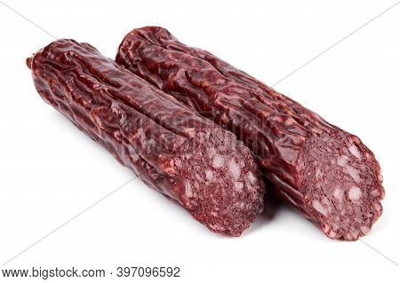 Salami Smoked Sausage Piece Isolated On White Background. Salami, Salami Smoked Sausage. Smoked Meat
