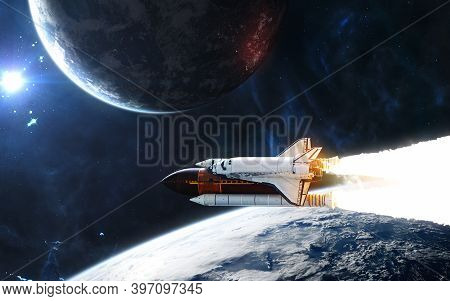 Deep Space. Space Shuttle Orbiting Planet In Light Of Blue Star. Science Fiction. Elements Of This I