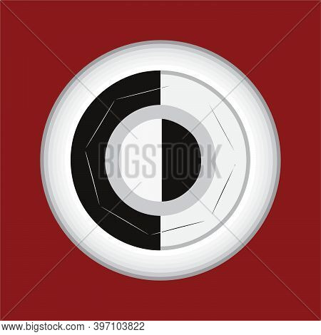 Picture Of A Black And White, Round Shape,abstract Button, Having In Reddish Background.