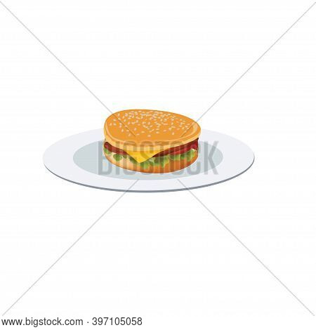 Burger Fast Food On The Plate Vector Illustration