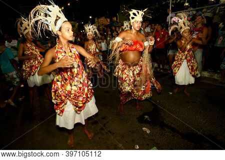 Ilheus, Bahia, Brazil - February 21, 2012: Members Of The Afro Guerreiro De Zulu Block Are Seen Duri