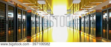 Server Room Data Center. Backup, Mining, Hosting, Mainframe, Farm And Computer Rack With Storage Inf