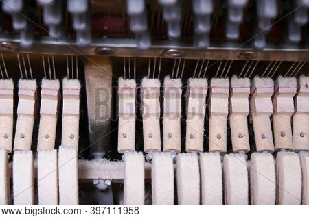 Mechanics Hammer Close Up Inside Of An Upright Piano, Inside Of An Old Piano Before Tuning.
