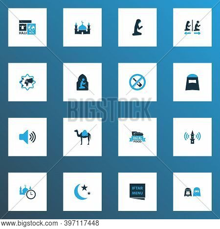 Ramadan Icons Colored Set With Adhaan, Hajj, People And Other Travel Elements. Isolated Vector Illus