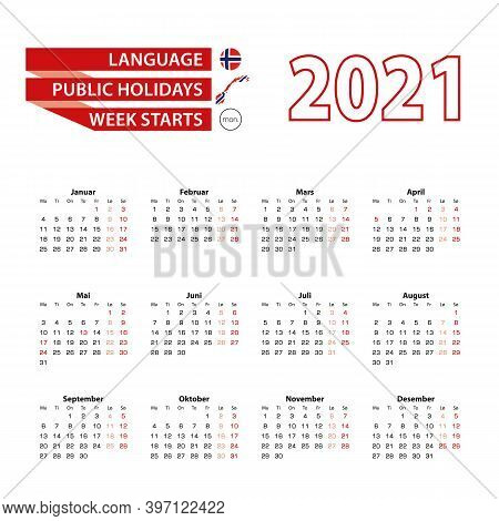 Calendar 2021 In Norwegian Language With Public Holidays The Country Of Norway In Year 2021. Week St