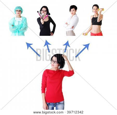 사려깊은 십 대 여자 문제-직업 선택. 흰색 절연