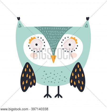 Cute Owl Childish Print. Perfect For T-shirt, Apparel, Cards, Poster, Nursery Decoration. Vector Ill