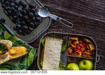 Healthy Vegan Meal In Eco-friendly Kitchen Tableware: Stainless Metal Food Container Or Lunch Box, B