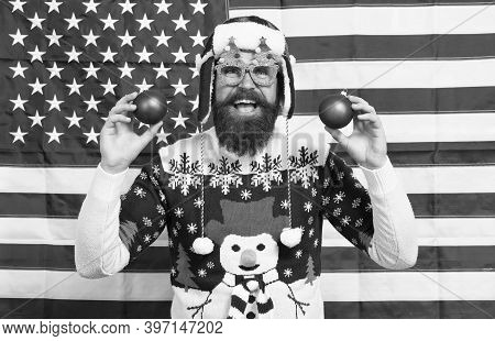 Great American Christmas. Happy Santa On American Flag Background. Bearded American Man With Xmas Tr