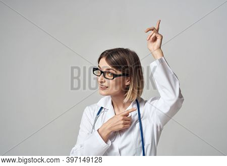 Woman Doctor With Stethoscope Gesturing With Hands Emotions Glasses Model