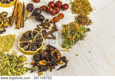 Green Tea, Black Tea, Fruit And Herbal Tea, Sencha, Ginger. Flat Lay. Food Concept. Herbal Tea Again