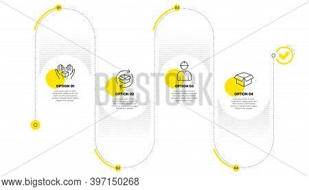 Return Parcel, Engineer And Hold Box Line Icons Set. Timeline Process Infograph. Open Box Sign. Exch