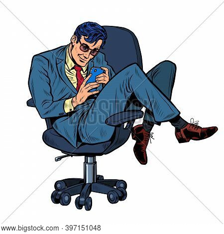 Businessman In An Office Chair Looking At A Smartphone. Pop Art Retro Illustration Kitsch Vintage 50