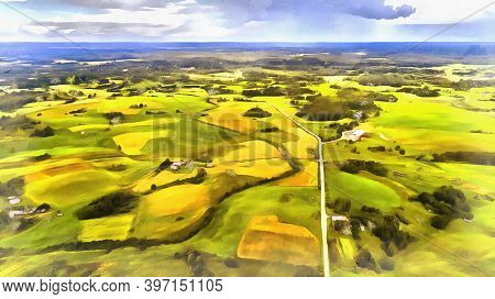 Flying Over The Farmland With Cultivated Fields