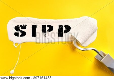 Business And Finance Concept. On A Yellow Background, The Surface Is Painted White With A Brush, On 