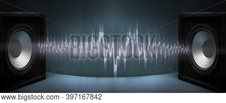 Black subwoofer speaker car audio music system on orange background