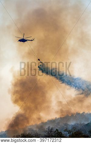 Firefithing Helicopter Dumps Water On Forest Fire