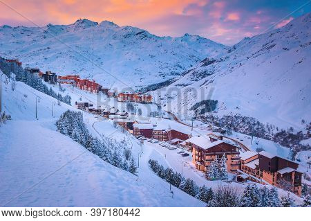 Spectacular Ski Resort With Alpine Wooden Buildings At Sunrise, Les Menuires, 3 Vallees, France, Eur