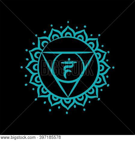 Vishuddha Sketch Icon. The Fifth Guttural Chakra. Vector Blue Line Symbol. Sacral Sign. Meditation