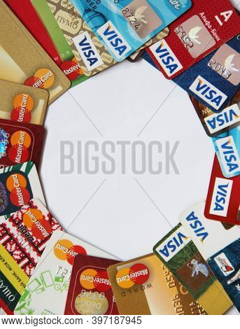 Chernihiv  / Ukraine - 08 February 2020 / Ukraine: 
Credit Cards With Visa And Mastercard Brand Logo