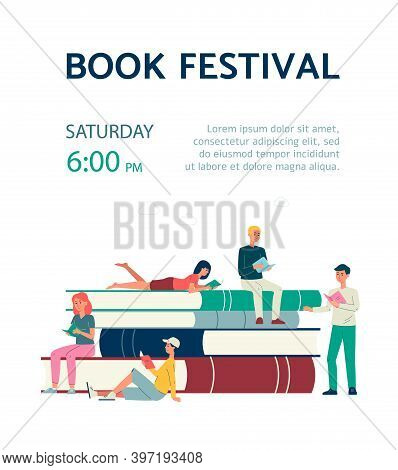 Book Festival Poster With People Reading Books Flat Vector Illustration.