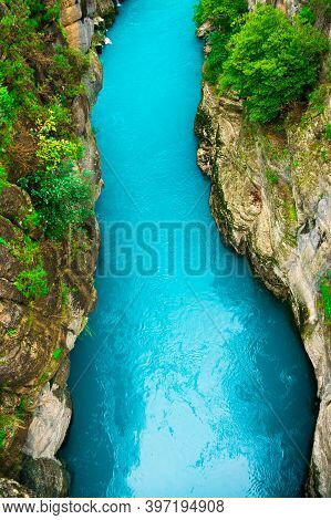 River Between Canyon And Forest. Aerial View. Manavgat, Antalya, Turkey. Rafting Tourism.