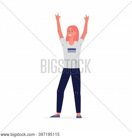 Cheerful Woman Music Fan Raising Hands Up, Flat Vector Illustration Isolated.